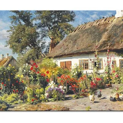 Obraz drukowany - wielcy mistrzowie - peder mork monsted - wiejski ogród z kurczętami - 60x90 cm - g117994
