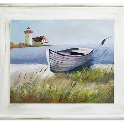 Marynistyka - biała łódka na brzegu - 68x58cm - g10051