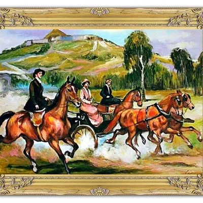 Wojciech kossak - zofia, maria i róża tarnowskie podczas konnej przejażdżki na krakowskich błoniach - 63x84 cm - g06190