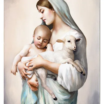 Obraz olejny - obrazy maryjne - maryja z jezusem i barankiem - 50x70 cm - g118624
