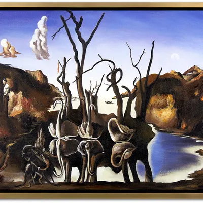 Obraz olejny - salvador dali - łabędzie odbijające się w wodzie jako słonie - rama american box - 55x75 cm - g118462
