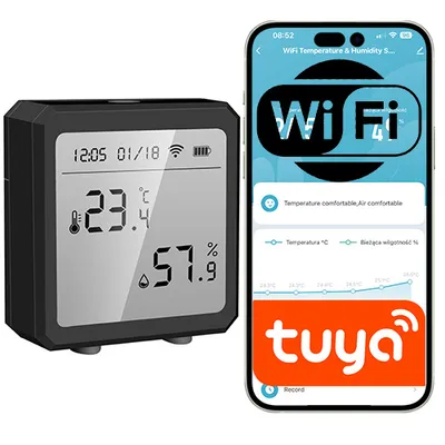 Czarny czujnik temperatury i wilgotności z ekranem LCD WIFI Tuya