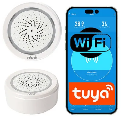 Syrena alarmowa WiFi NEO z pomiarem temperatury i wilgotności Tuya